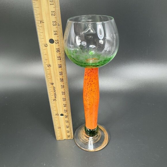 Vintage Bohemia Art Glass Cup Goblet Stem BarWare Multicolor Orange Green Stem - Picture 3 of 10